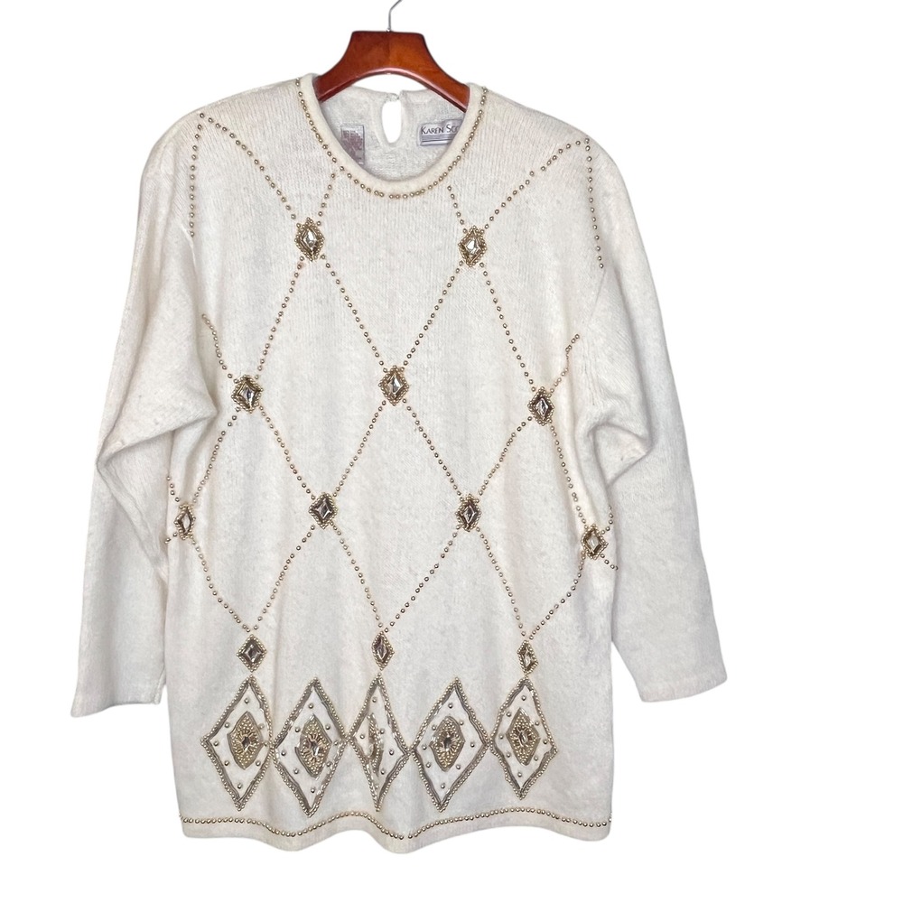 Karen Scott Sweater Rhinestones Gold Studs Cream Silk Angora 1X Luxury Retro 80s